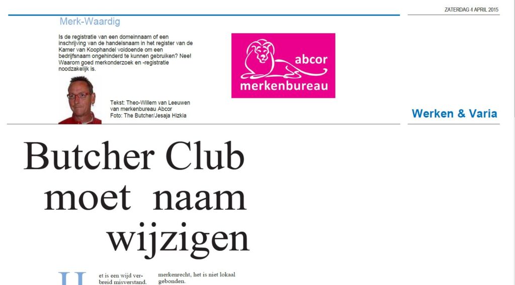 Butcher Club moet naam wijzigen (HDC kranten - Plus werken bijlage)