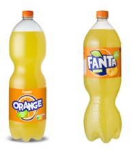 fanta sinas fles oranje dop, baluwe witte letters en vergelijkbaar design nieuwe lidl fles