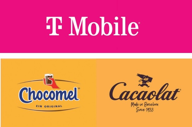 logo roze T mobile en geel Chocomel Cacaolat